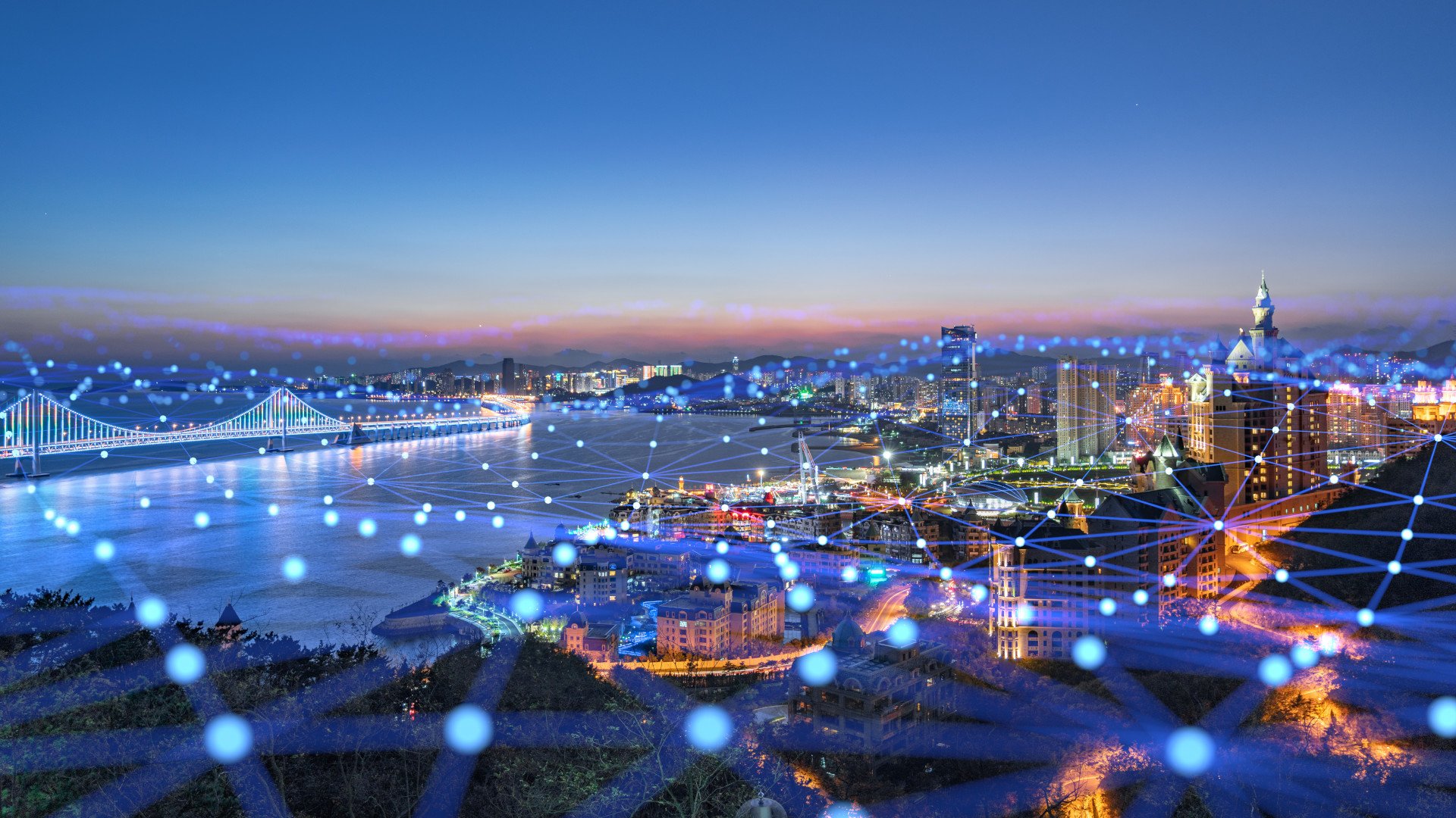 Symbolische Darstellung eines LoRaWAN-Netzes über einer Stadt