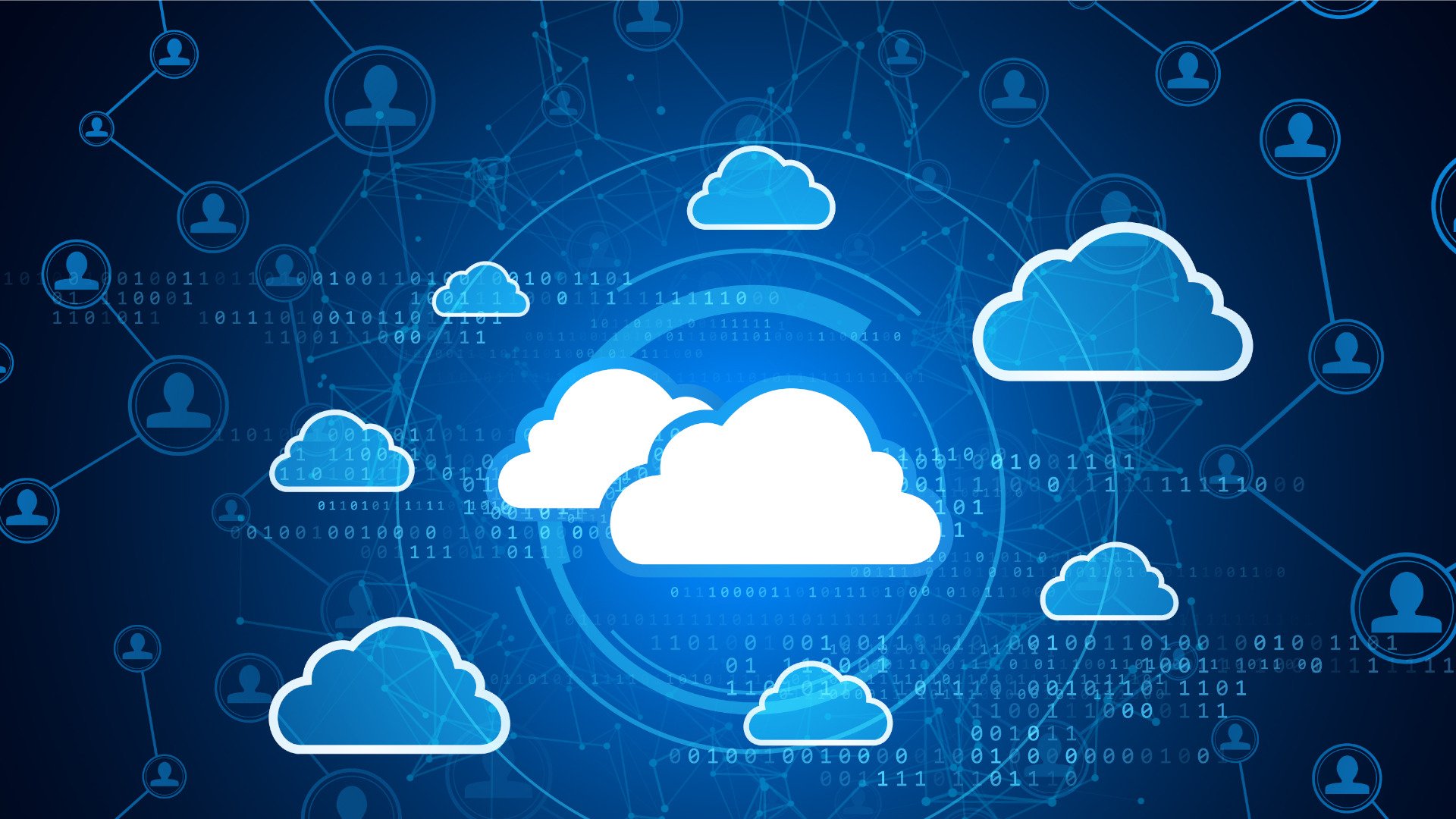 Künstlerische Darstellung einer Multi-Cloud-Umgebung. Zusehen sind mehrere Cloud- und Vernetzungssymbole.