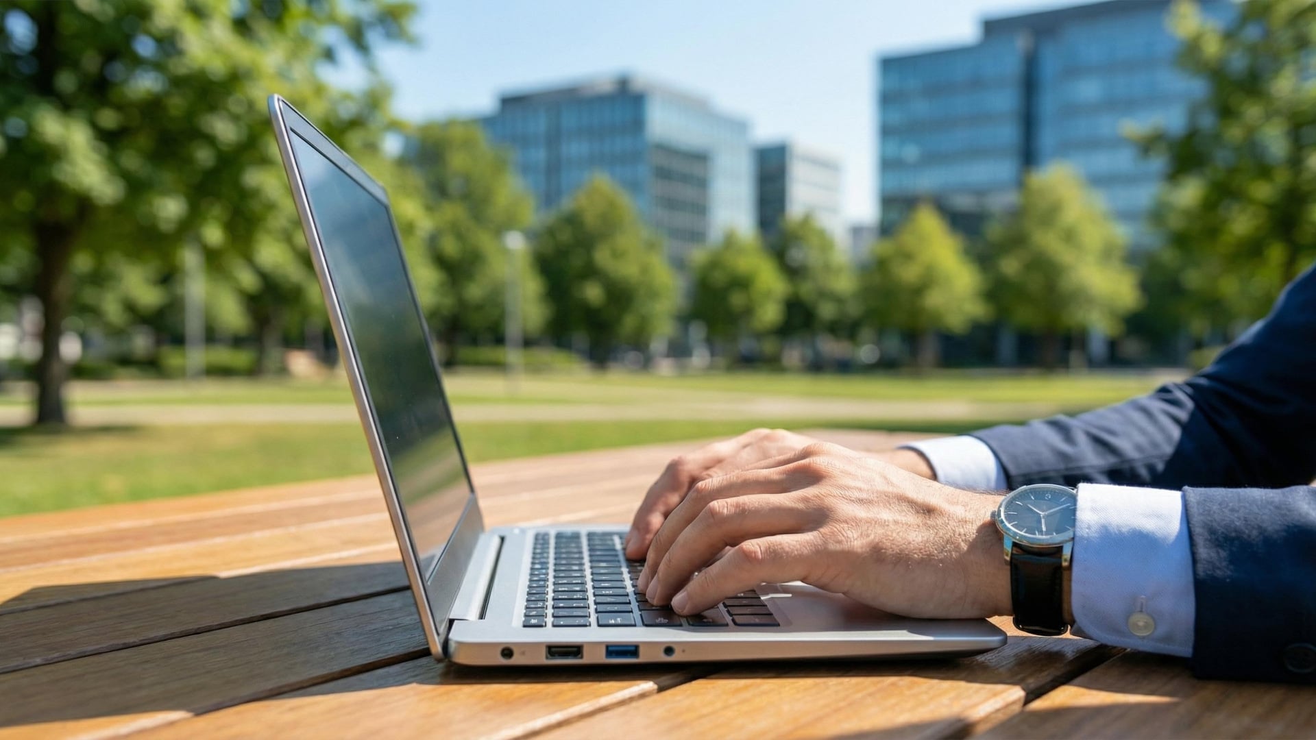 Eine Person sitz mit einem Laptop im Park und nutzt eine Outlook-Alternative.