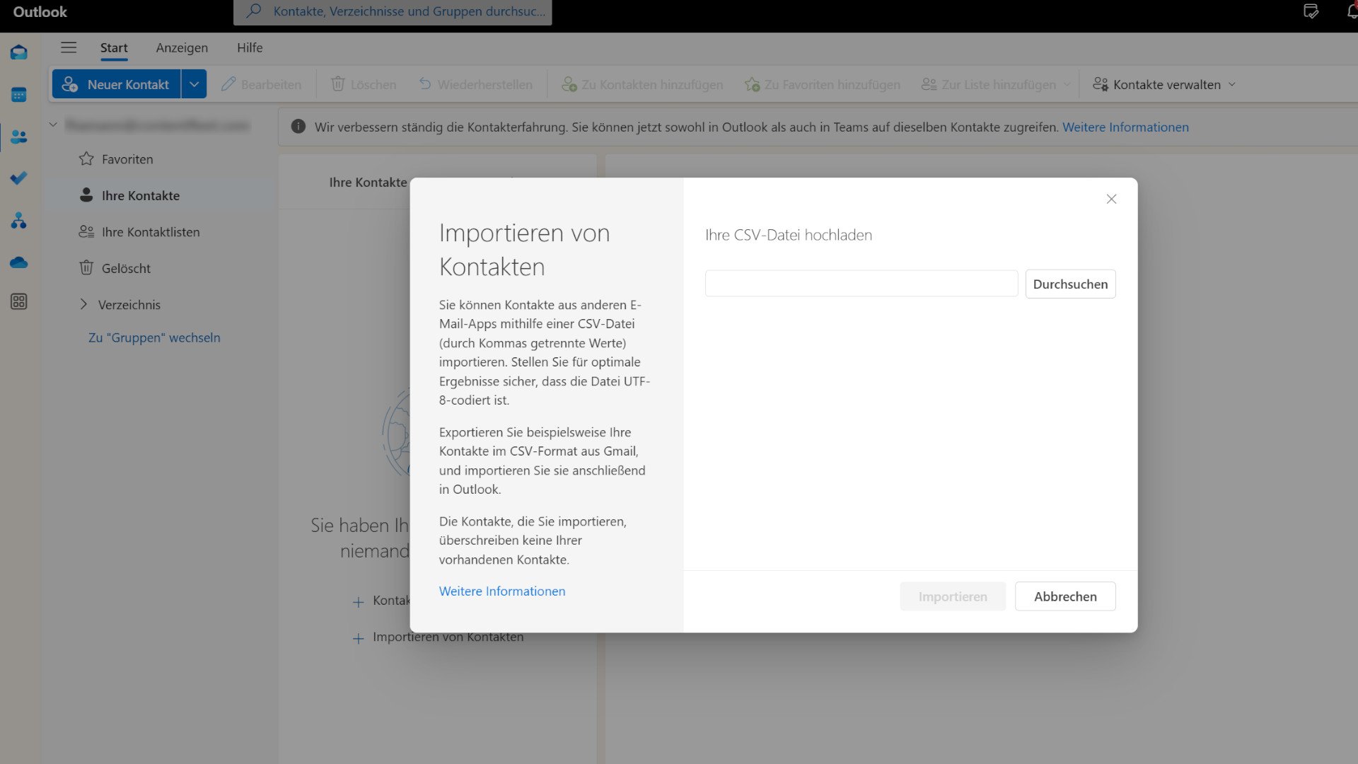 Maske zum Kontakt-Import im neuen Outlook