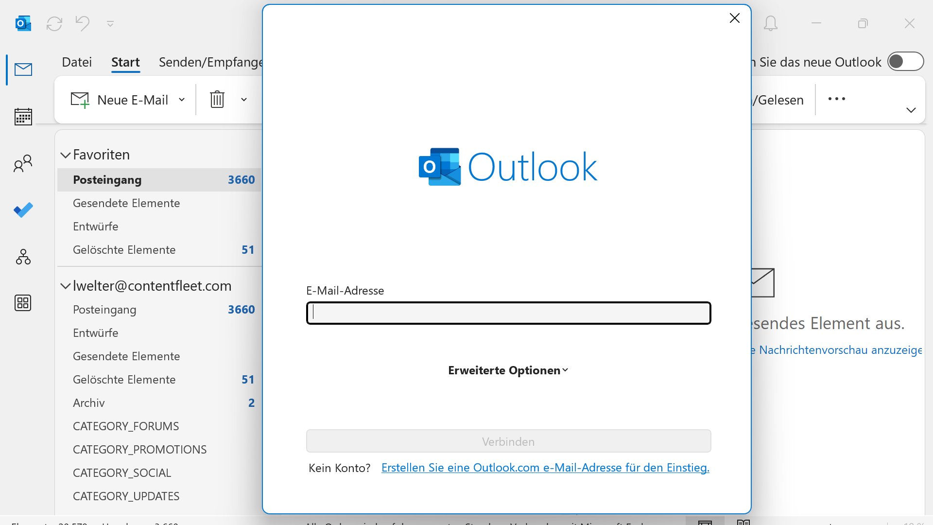 Postfach hinzufügen im klassischen Outlook Screenshot