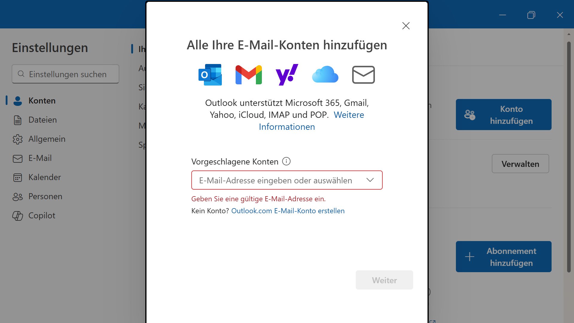 Postfach hinzufügen im neuen Outlook Screenshot