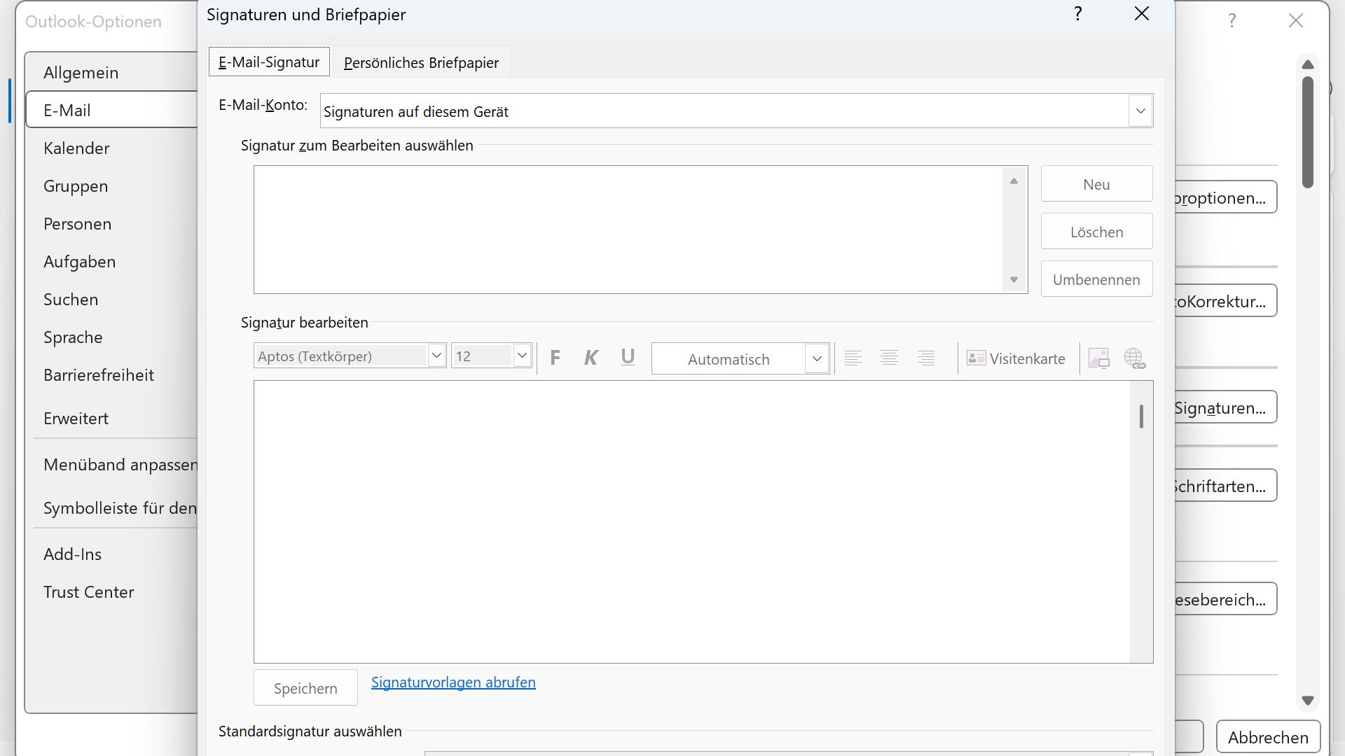Screenshot der Funktion Signatur im klassischen Outlook einrichten