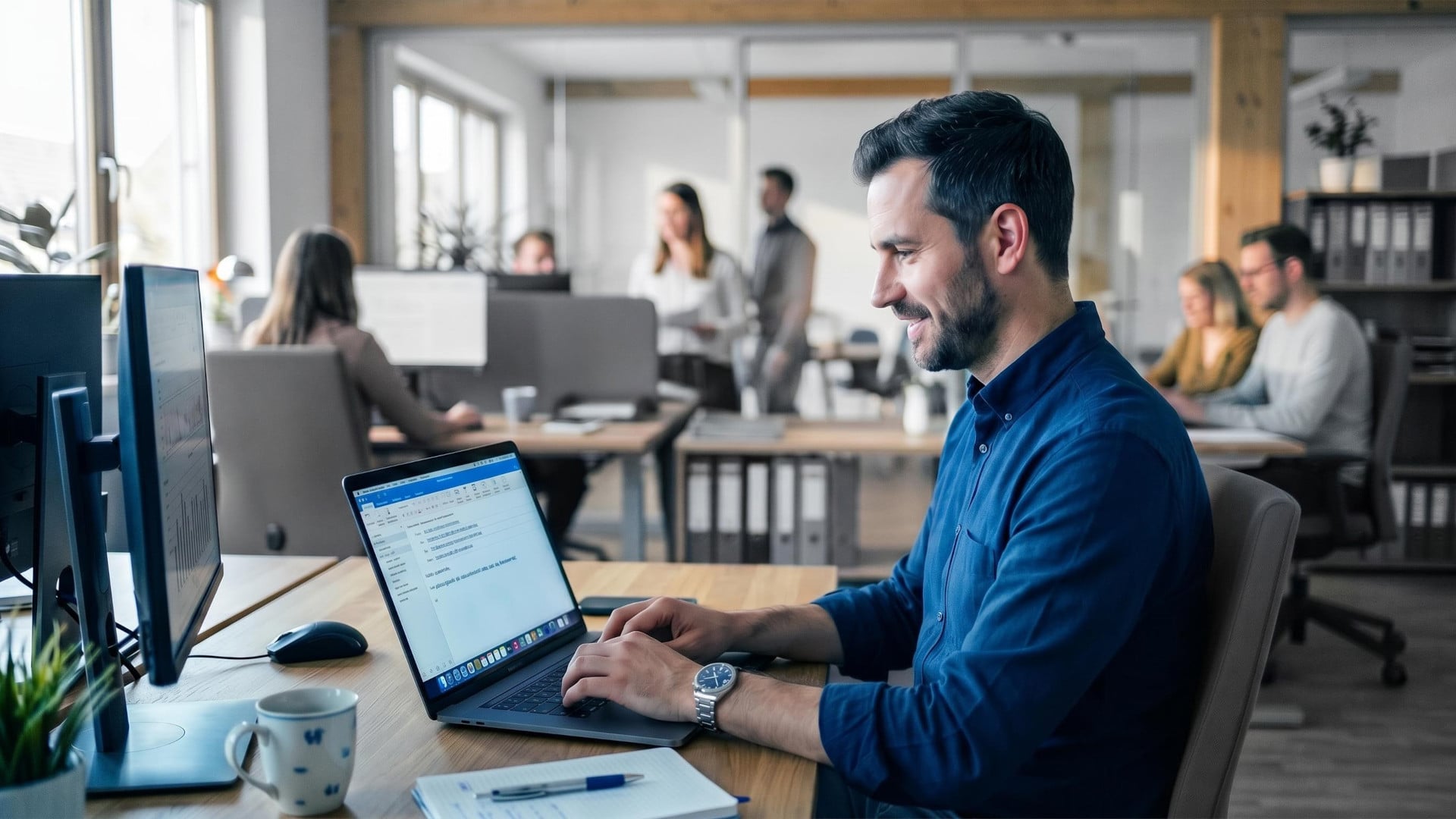 Person in einem Büro legt an einem Laptop einen E-Mail-Verteiler in Outlook an.