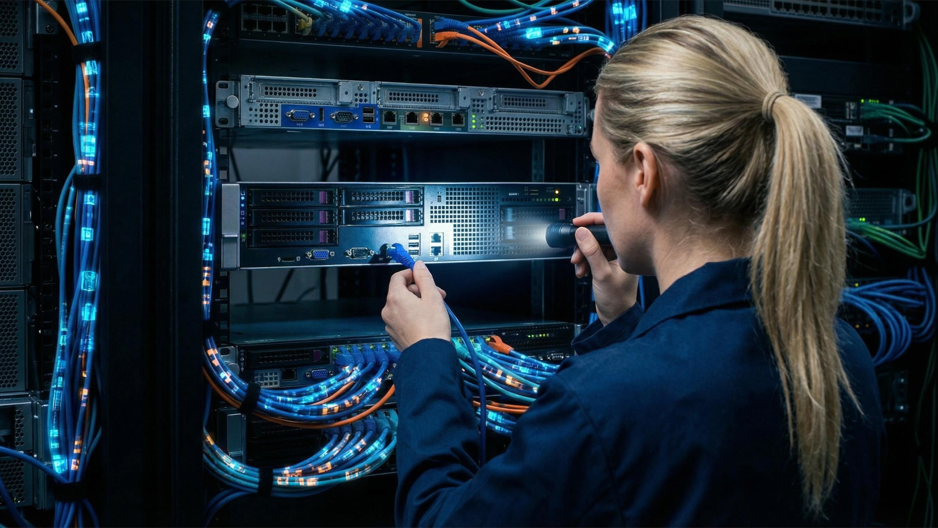 IT-Technikerin prüft Kabel an einem Server