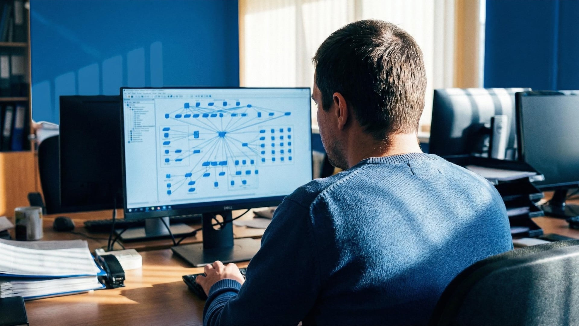 Ein Netzwerkadministrator verwaltet ein segmentiertes Netzwerk am Computer