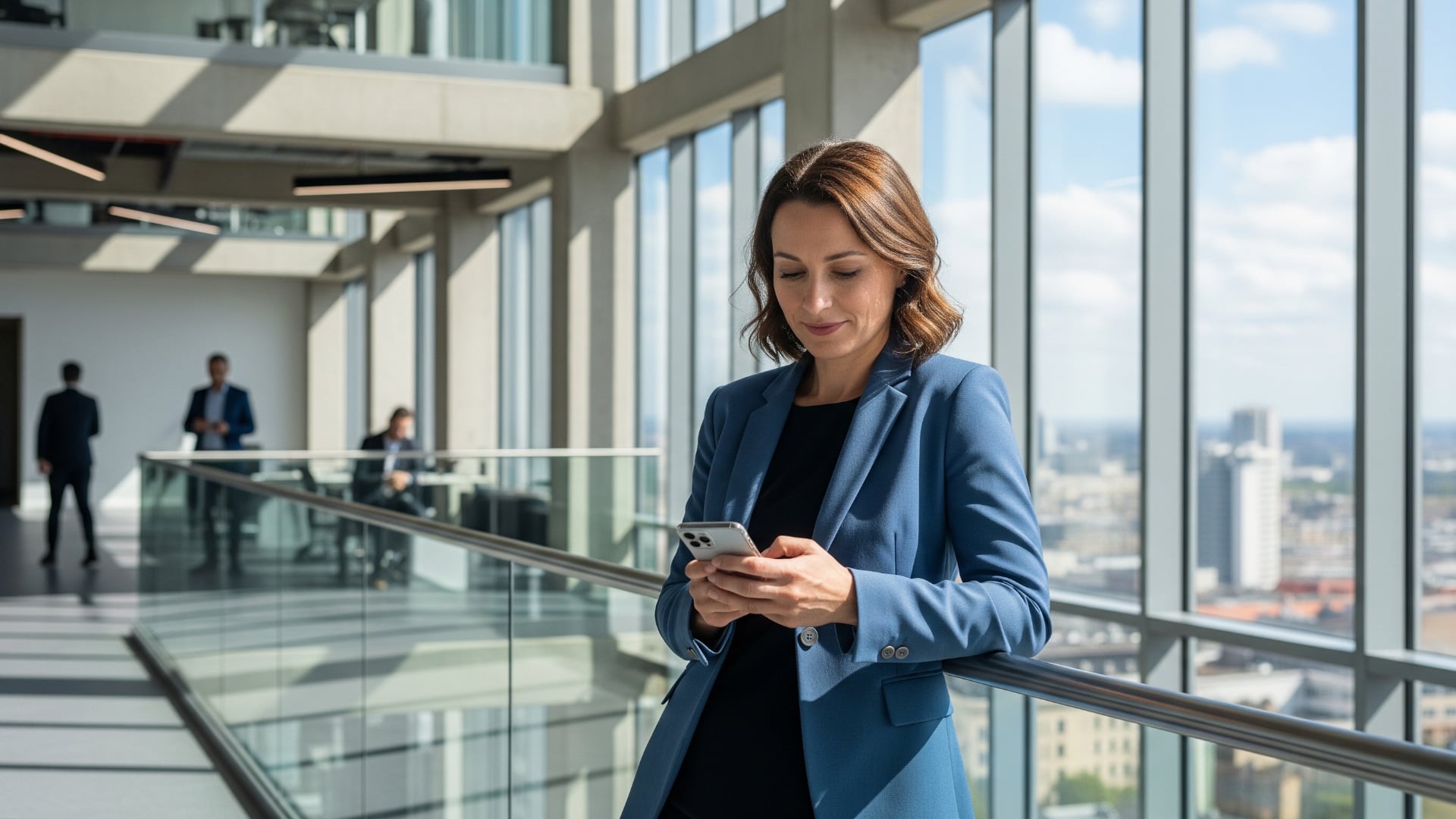 Eine Geschäftsfrau lehnt an einem Geländer und schaut auf Ihr Smartphone