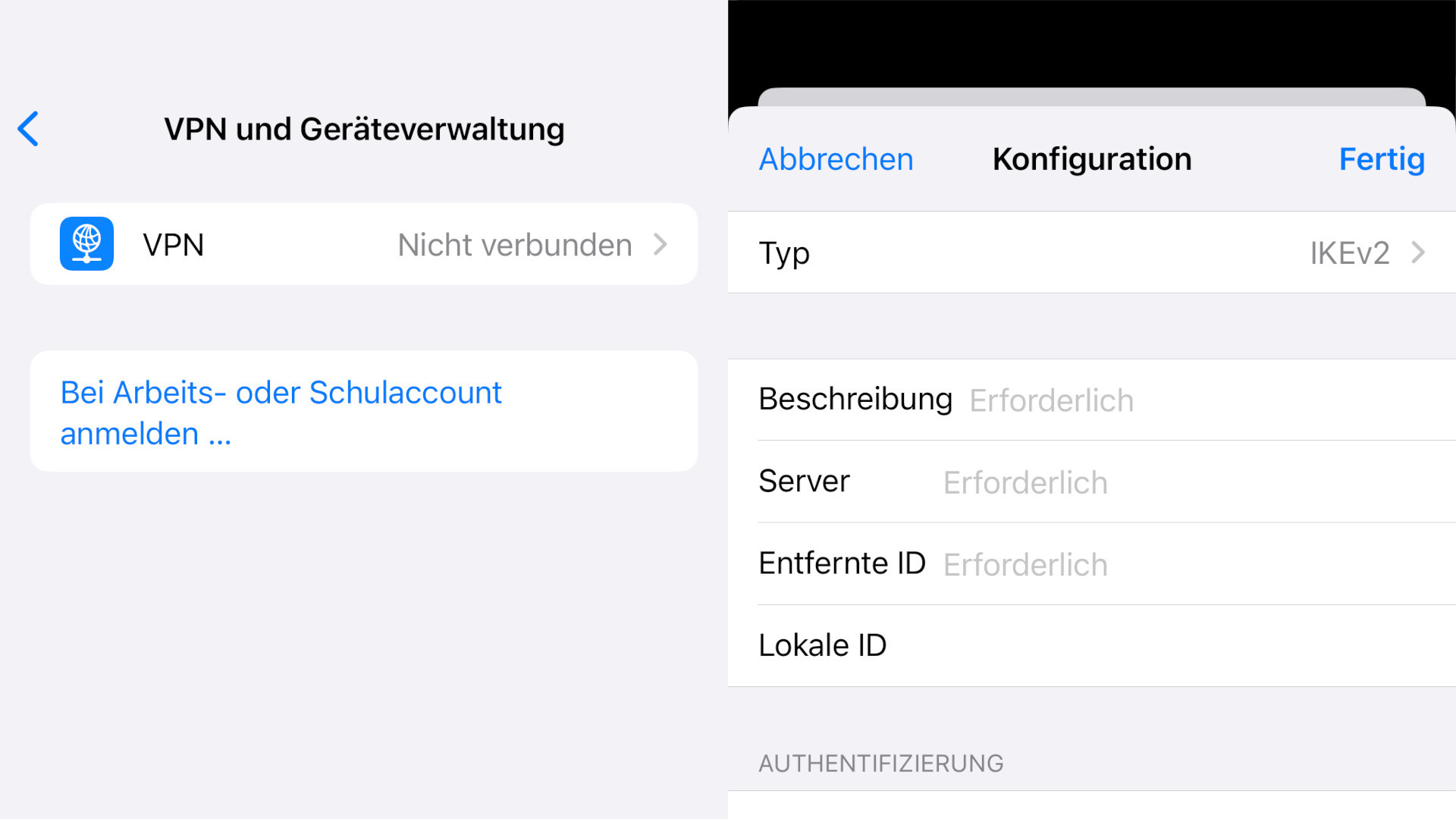 VPN verbinden als Screenshot von iOS-Menü
