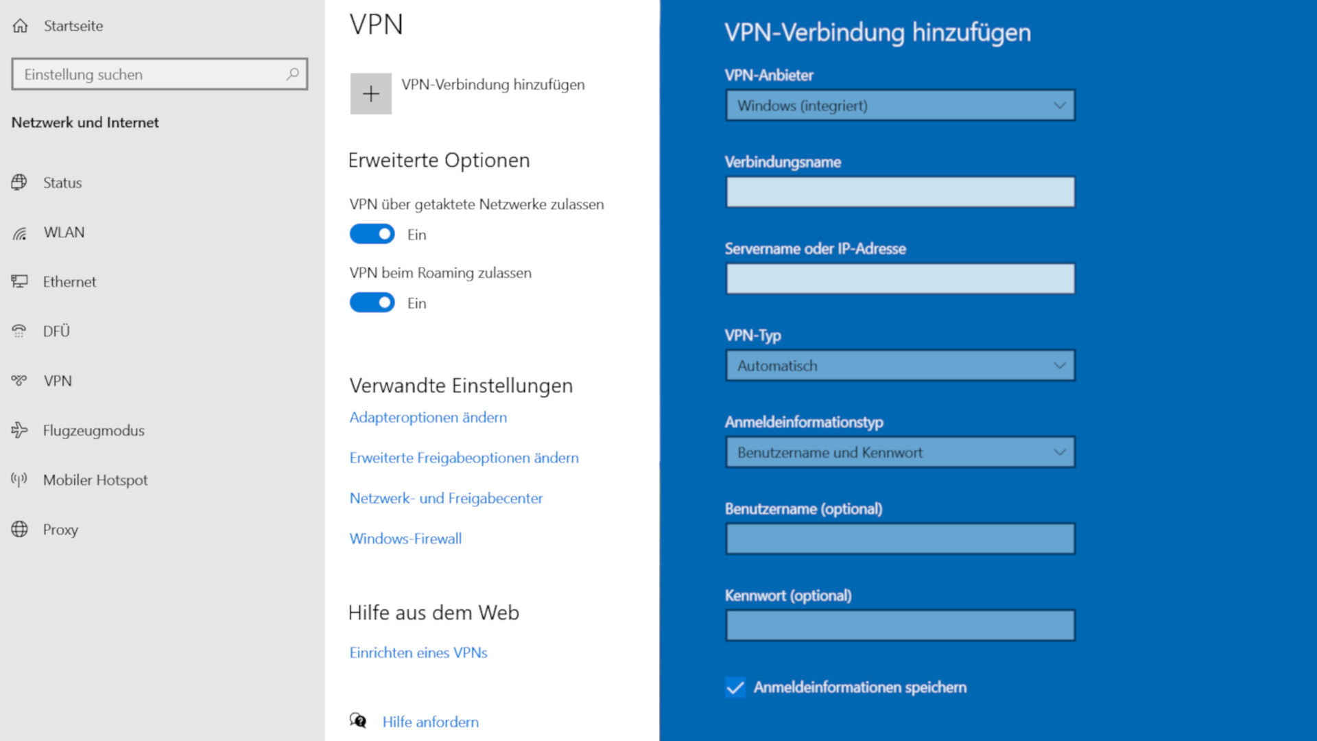 VPN verbinden als Screenshot von Windows 10-Menü