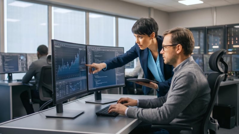 Zwei IT-Spezialisten analysieren Daten auf Bildschirmen in einem Serverraum.