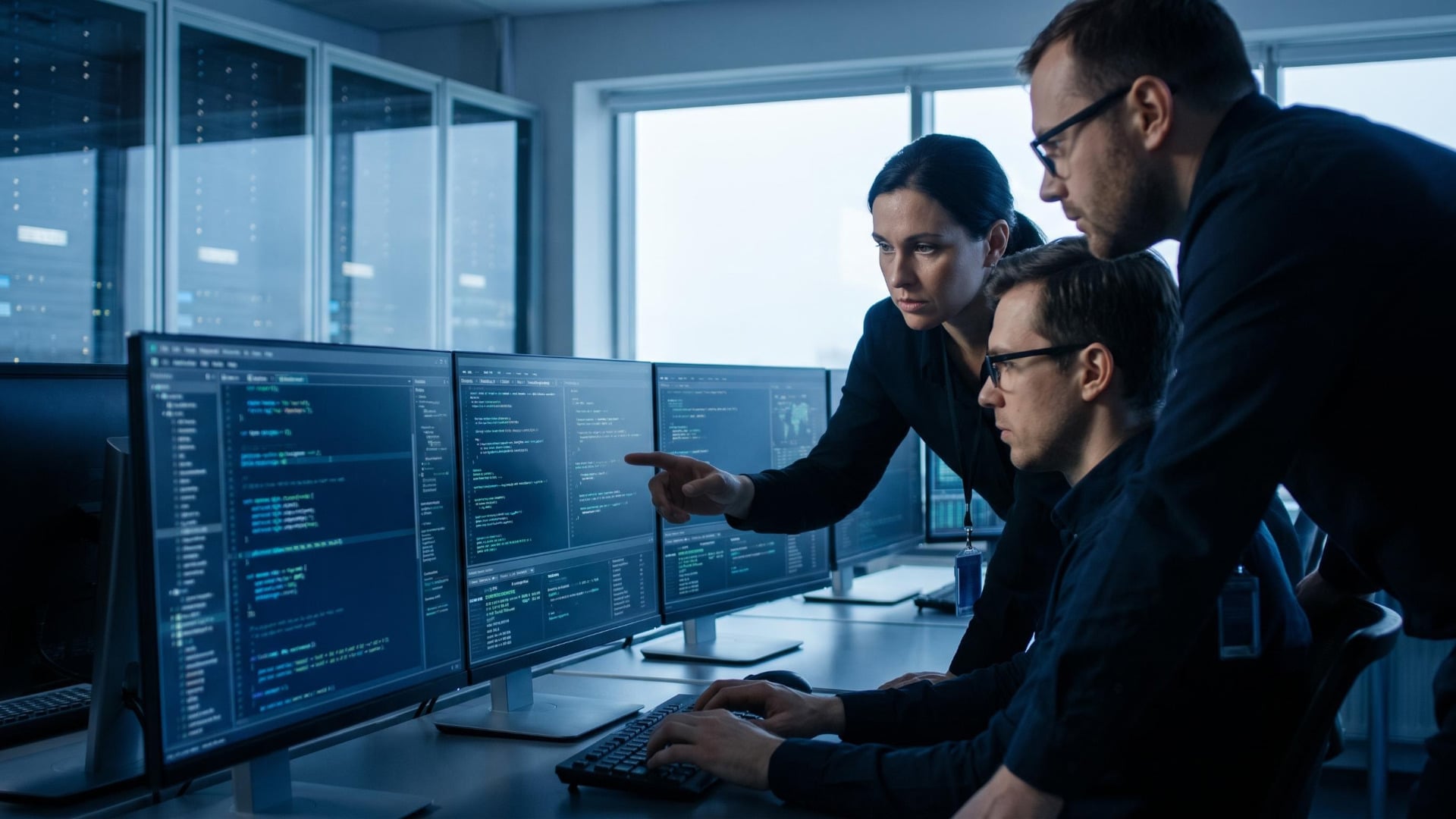 Ein IT-Team analysiert Sicherheitslücken am Computer mit mehreren Monitoren.