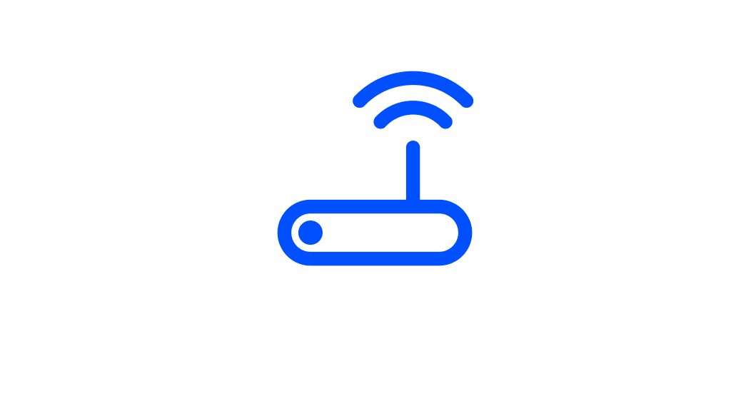 Blaues Symbol eines Routers mit einer einzelnen Antenne und zwei WLAN-Signalbögen darüber.