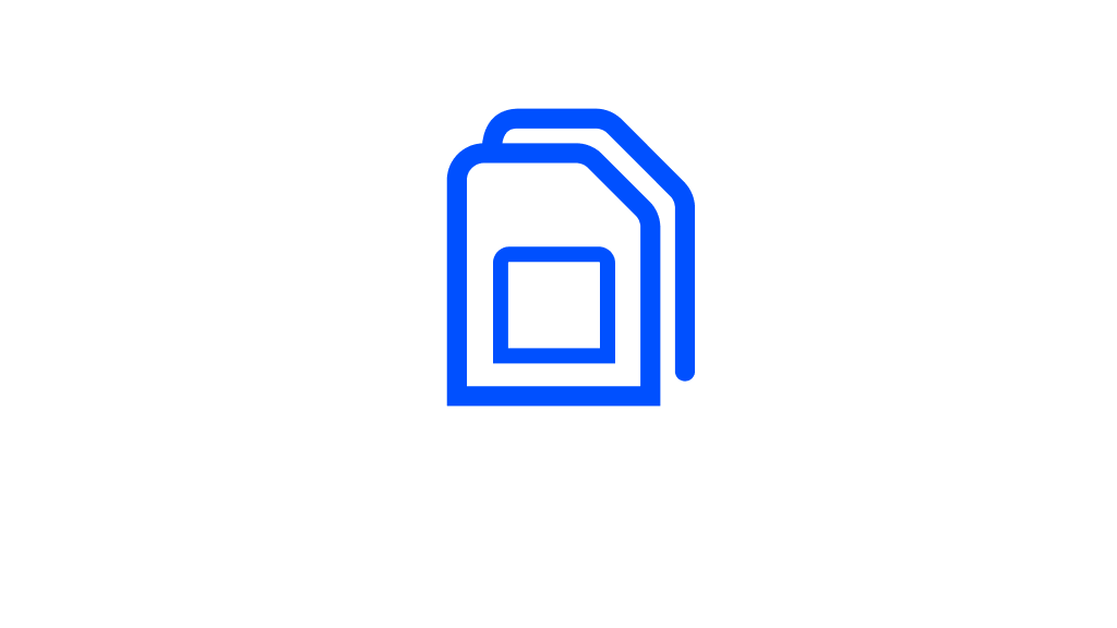 Blaues Symbol zweier übereinanderliegender SIM‑Karten mit rechteckener Kontaktfläche.