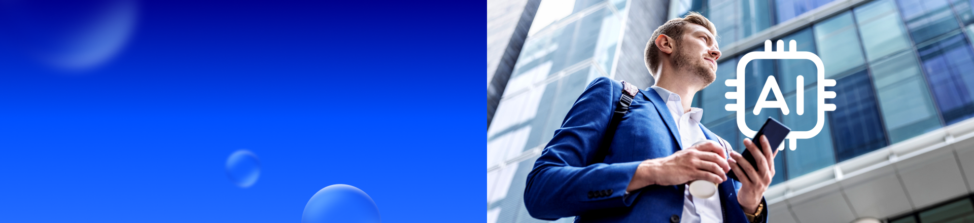 Abbildung: Mann hält ein Smartphone in der Hand, hinter ihm ist ein weißes Icon AI abgebildet