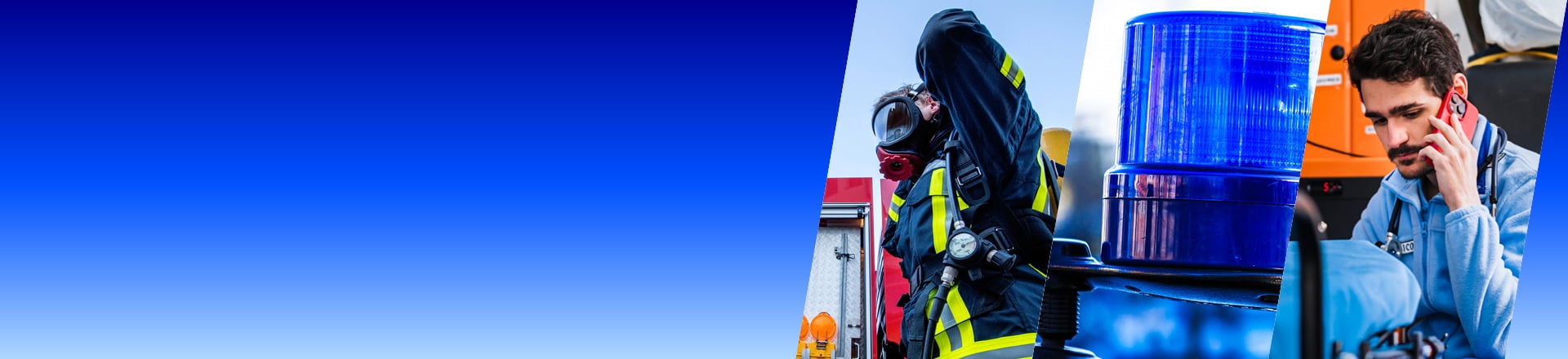 Einsatzkräfte in Aktion: Feuerwehrmann mit Atemschutzmaske, blaues Blaulicht und Sanitäter mit Smartphone im Rettungseinsatz – symbolisch für sichere mobile Kommunikation in kritischen Situationen.