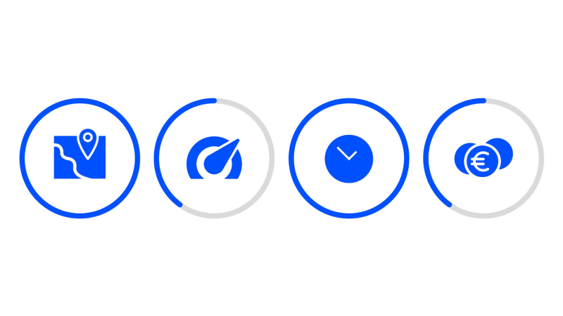 Vier blaue Symbole in Kreisen auf weißem Hintergrund: eine Karte mit Standortmarkierung, ein Tachometer, eine Uhr und zwei Münzen mit Euro-Symbol.