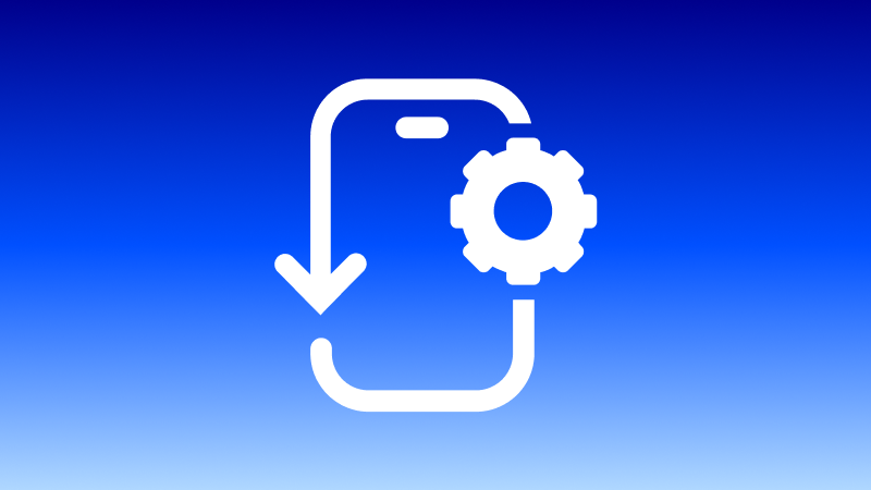 Abbildung: Icon eines Smartphones mit Pfeil und Zahnrad auf blauem Hintergrund