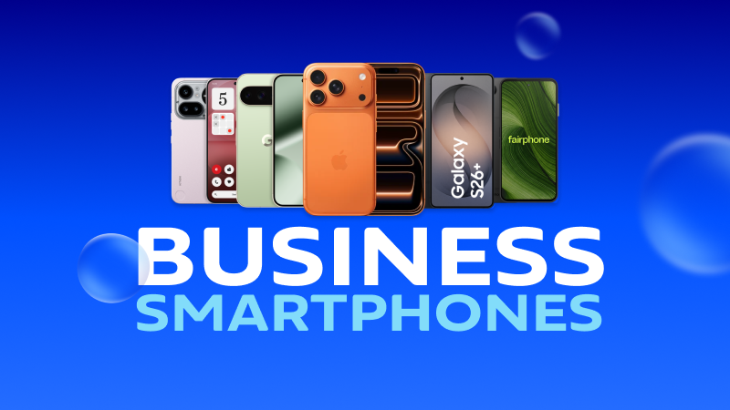 Reihe verschiedener Smartphones über der Aufschrift „Business Smartphones“ auf blauem Hintergrund.