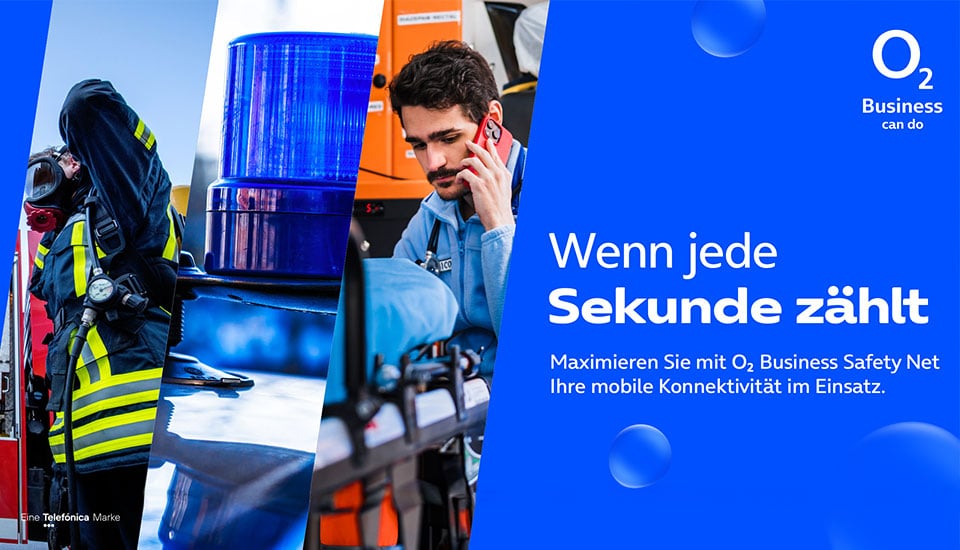 Visual des o2 Business Produkts „Safety Net“ mit Einsatzkräften, Blaulicht und Notarzt. Text: „Wenn jede Sekunde zählt – maximieren Sie mit o2 Business Safety Net Ihre mobile Konnektivität im Einsatz.