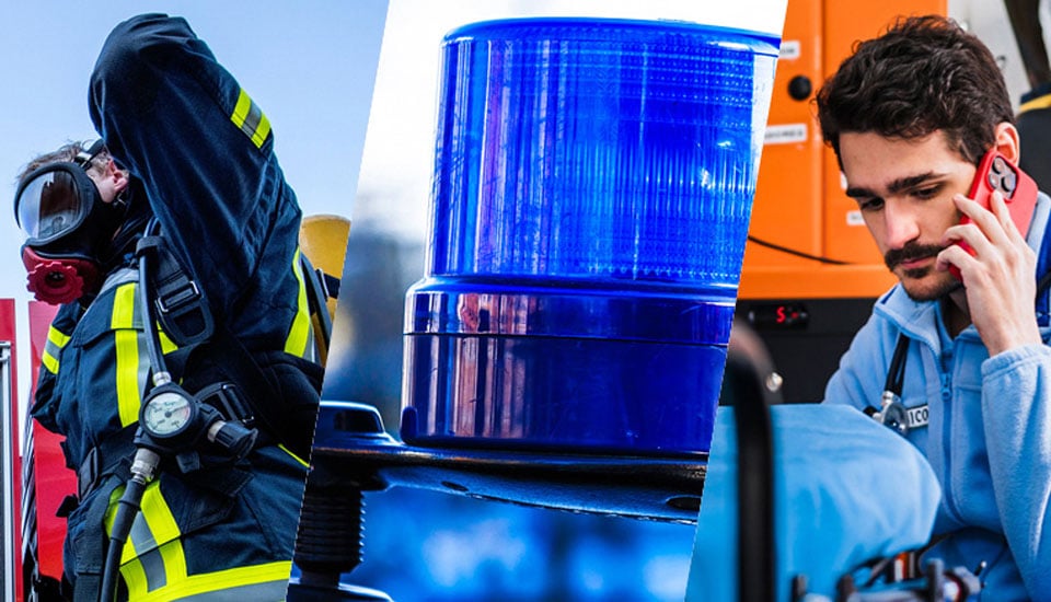 Zu sehen sind Einsatzbereiche für o2 Business Safety Net, z.B. Feuerwehr, Polizei und Rettungsdienst.