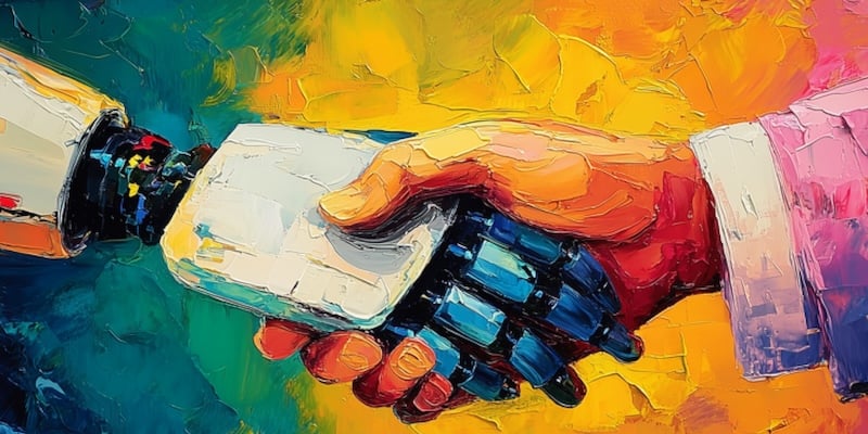 Banner Dock Forum. Handschlag zwischen Menschlicher Hand und Roboter Hand. Stil wie ein Gemälde.
