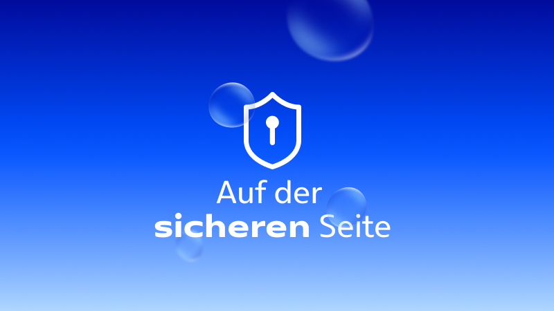 Abbildung: Blauer Hintergrund mit weißem Schild-Symbol. Text: „Auf der sicheren Seite mit O2 Business“