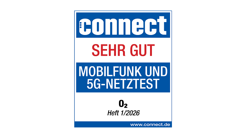 Testsiegel der Zeitschrift connect mit der Bewertung Sehr gut für den Mobilfunk und 5G-Netztest, ausgezeichnet für O₂ im Heft 1/2026. Unten steht die Website www.connect.de