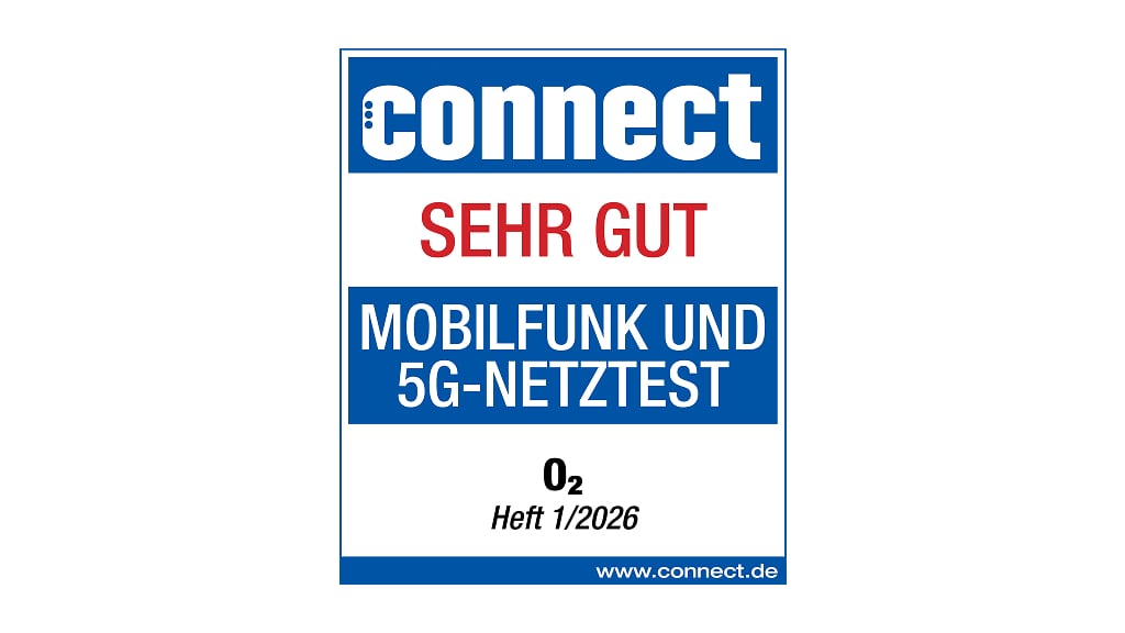 Testsiegel der Zeitschrift connect mit der Bewertung Sehr gut für den Mobilfunk und 5G-Netztest, ausgezeichnet für O₂ im Heft 1/2026. Unten steht die Website www.connect.de