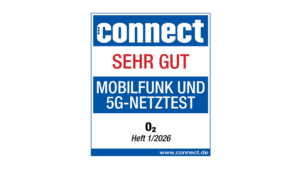 Testsiegel der Zeitschrift connect mit der Bewertung Sehr gut für den Mobilfunk und 5G-Netztest, ausgezeichnet für O₂ im Heft 1/2026. Unten steht die Website www.connect.de