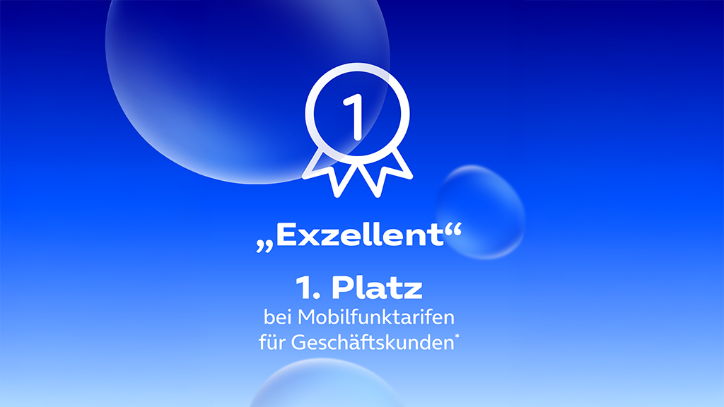Abbildung: Blauer Hintergrund mit einer stilisierten weißen Medaille und der Zahl „1“ in der Mitte. Darunter der Text: „Exzellent“ – 1. Platz bei Mobilfunktarifen für Geschäftskunden*“
